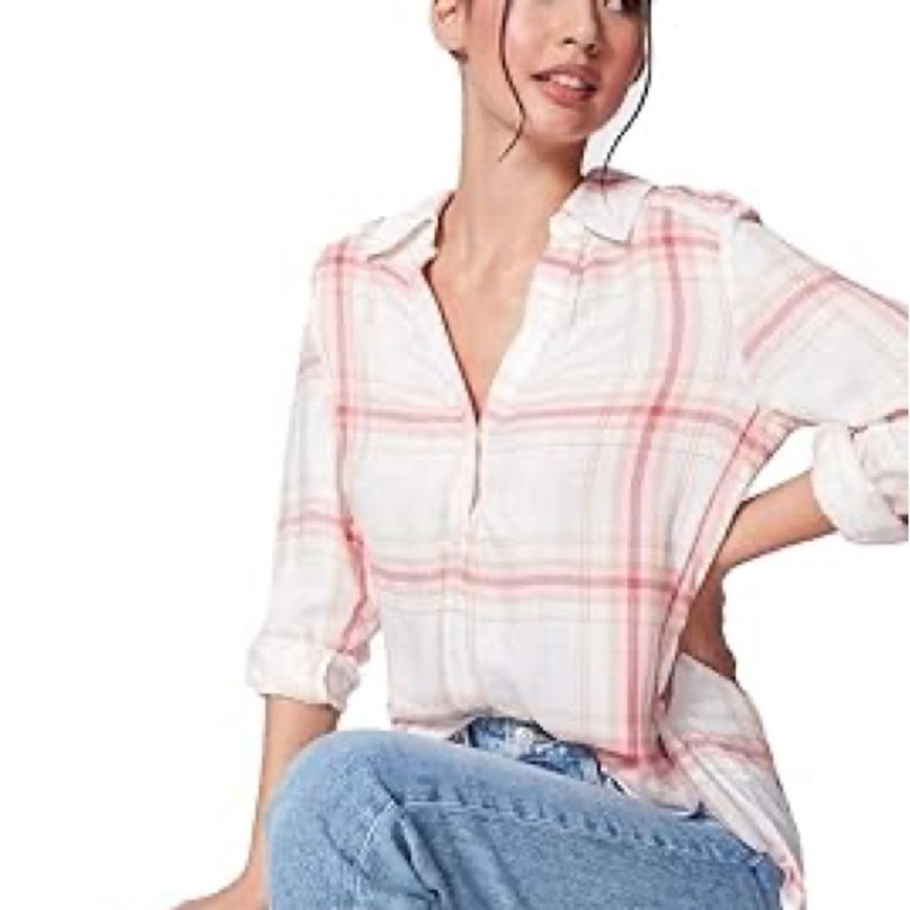 FREE PEOPLE Pink Muslin Plaid Print Long Sleeve Button Up Oversized Tunic Top